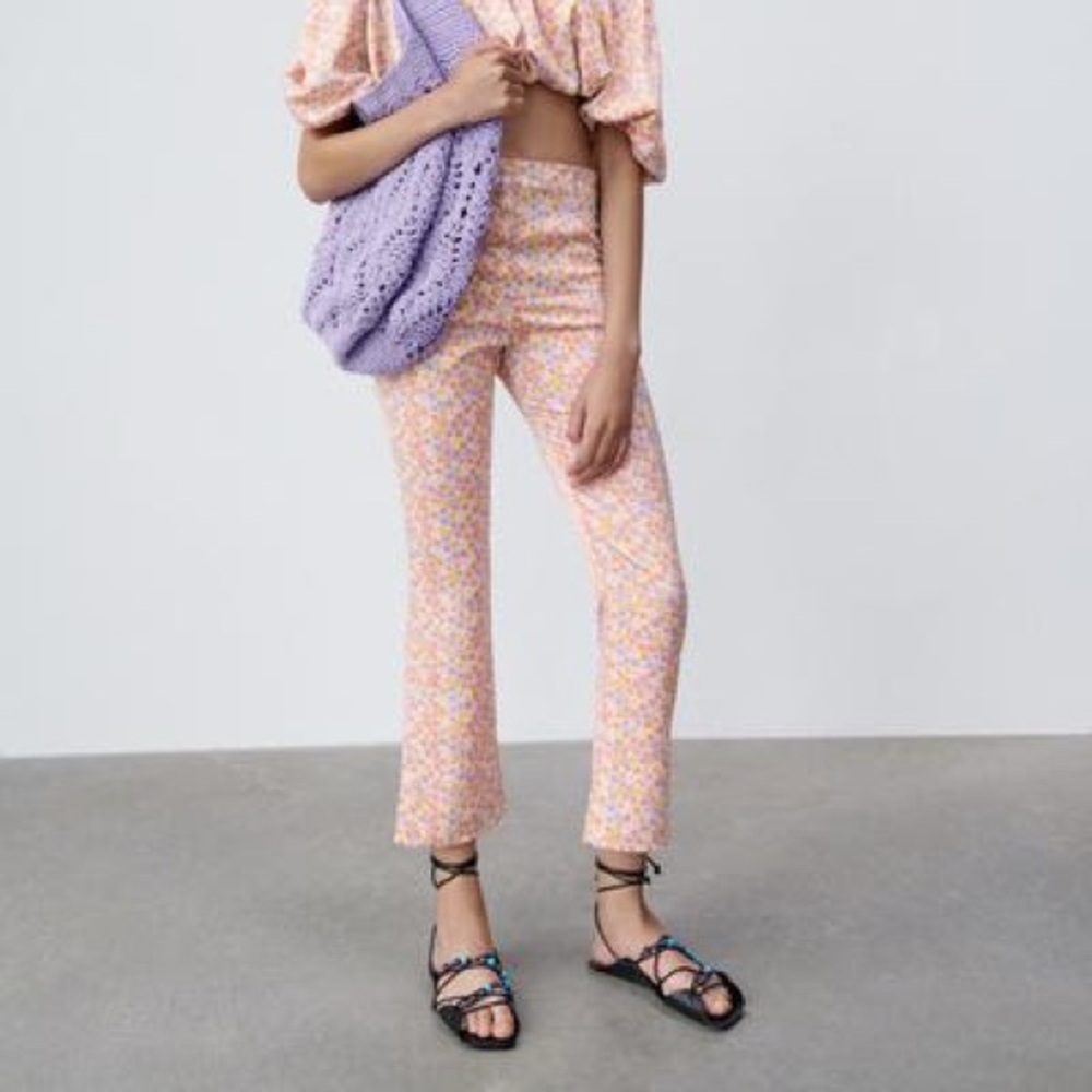 Zara satin floral print high-waisted wide-leg trousers